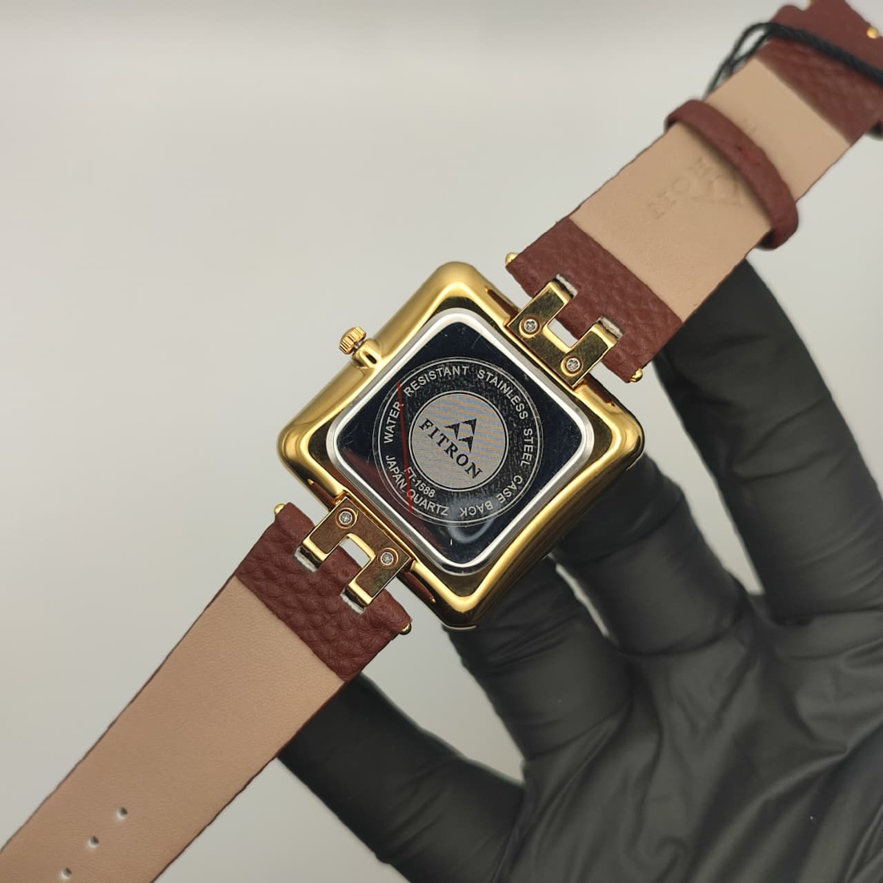 Fitron | Gold Square Watch with Brown Leather Strap
