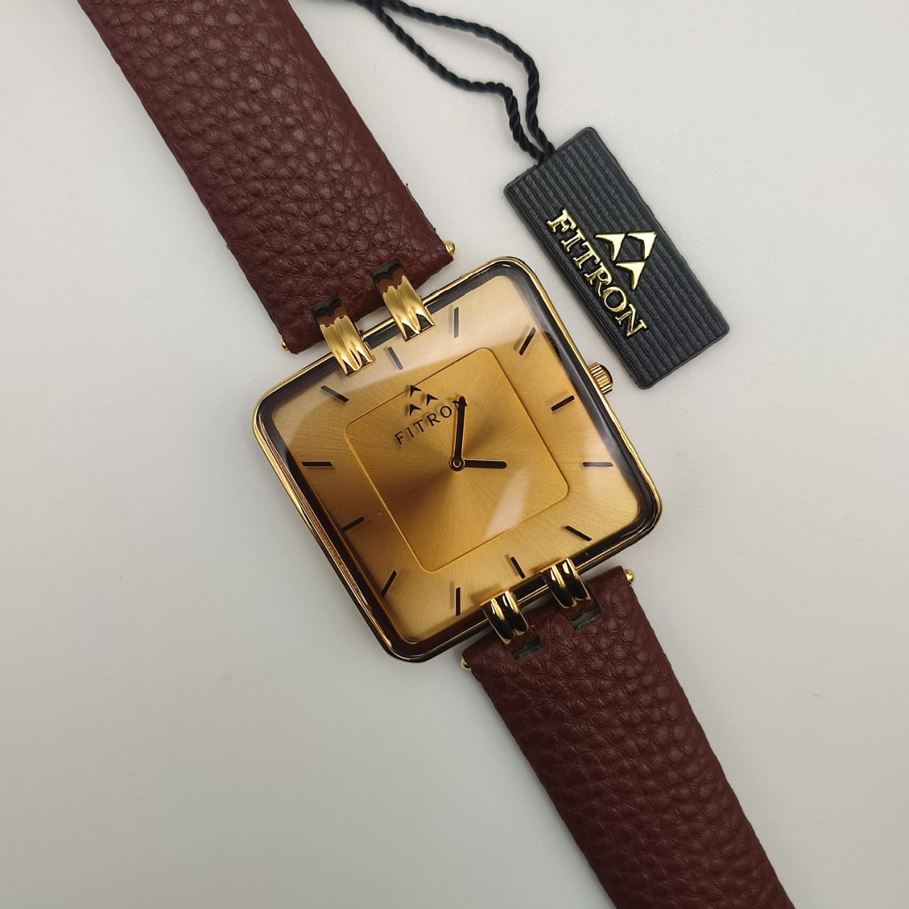 Fitron | Gold Square Watch with Brown Leather Strap