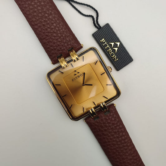 Fitron | Gold Square Watch with Brown Leather Strap