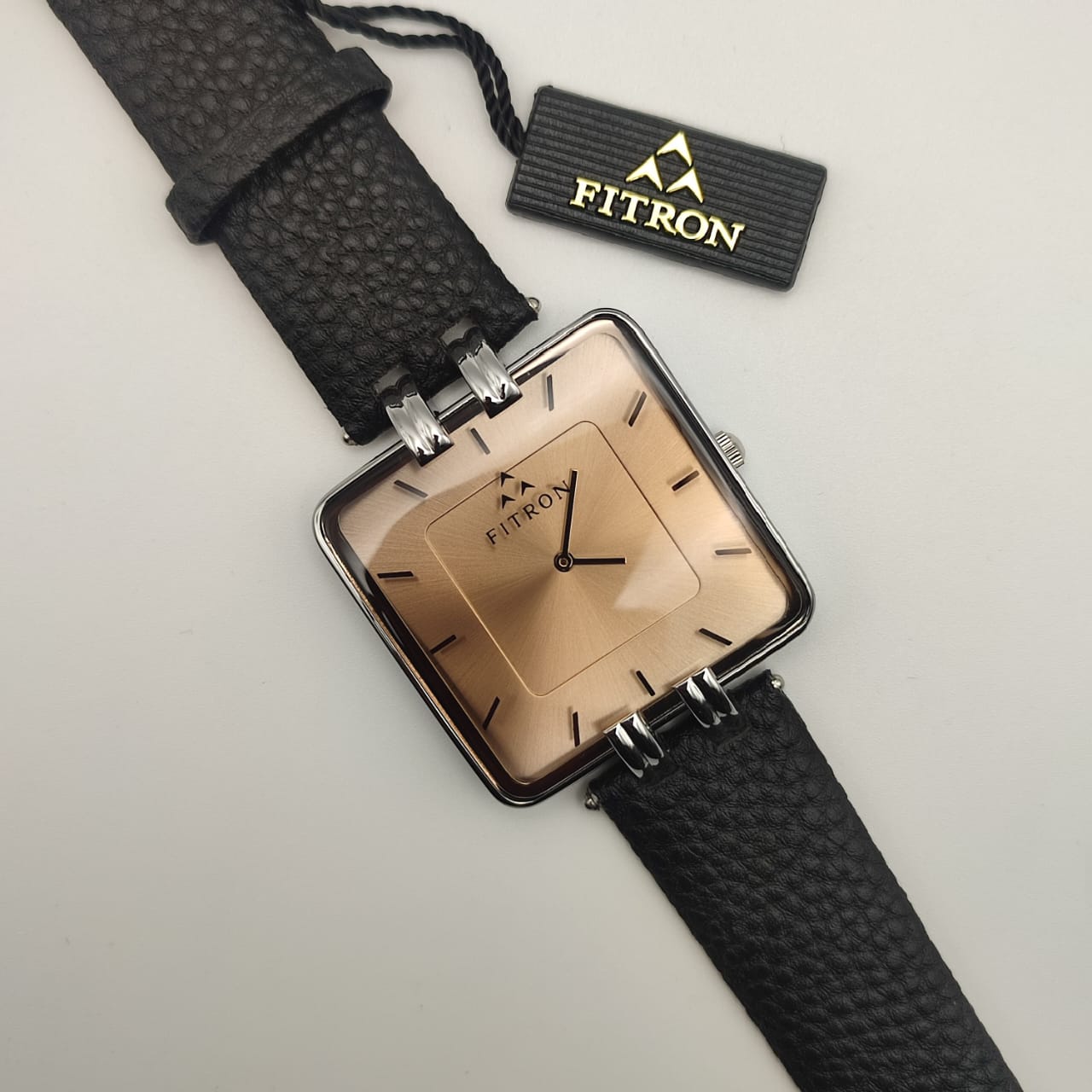 Fitron | Gold Square Watch with Black Leather Strap