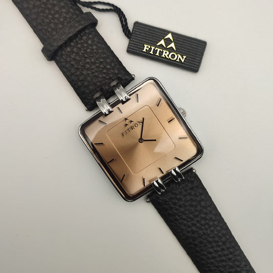 Fitron | Gold Square Watch with Black Leather Strap