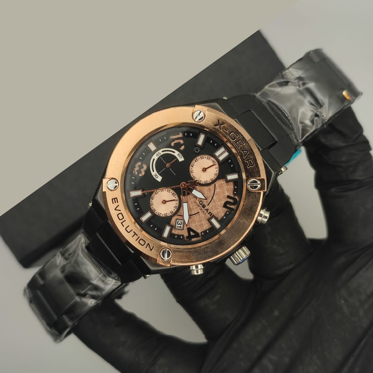 X Gear WR 30 Luxury Chronograph Watch (Black & Rose Gold)